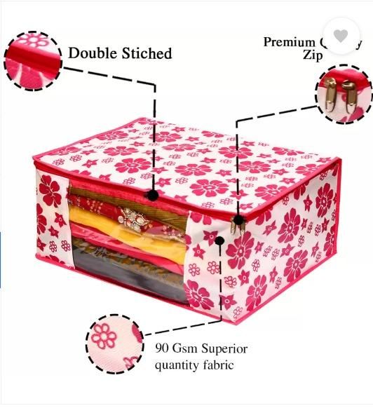 Polka Pink Flower Design Pack Of 3 Non Woven Fabric Saree Cover/ Clothes Small Travel Bag